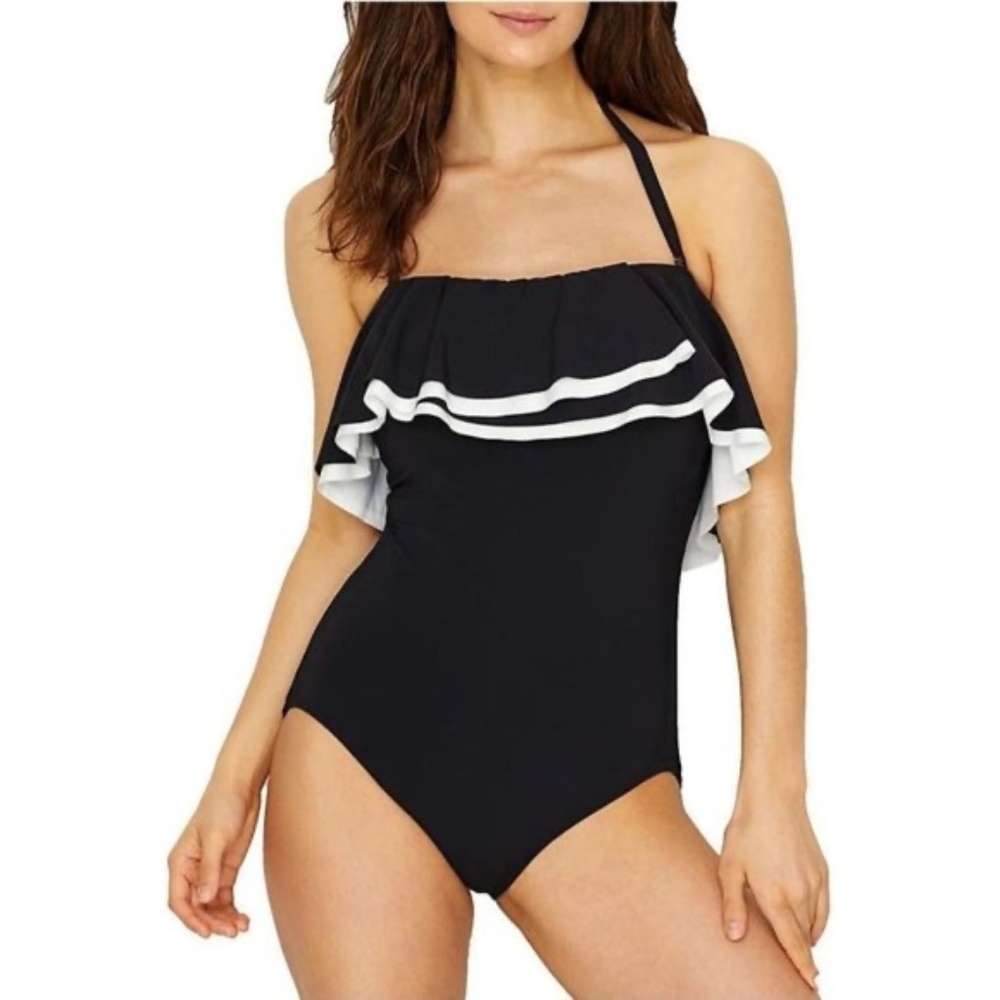 (NWT) Contours by Coco Reef Women's Agate Ruffle Bandeau ONE Piece, Black 10/34C